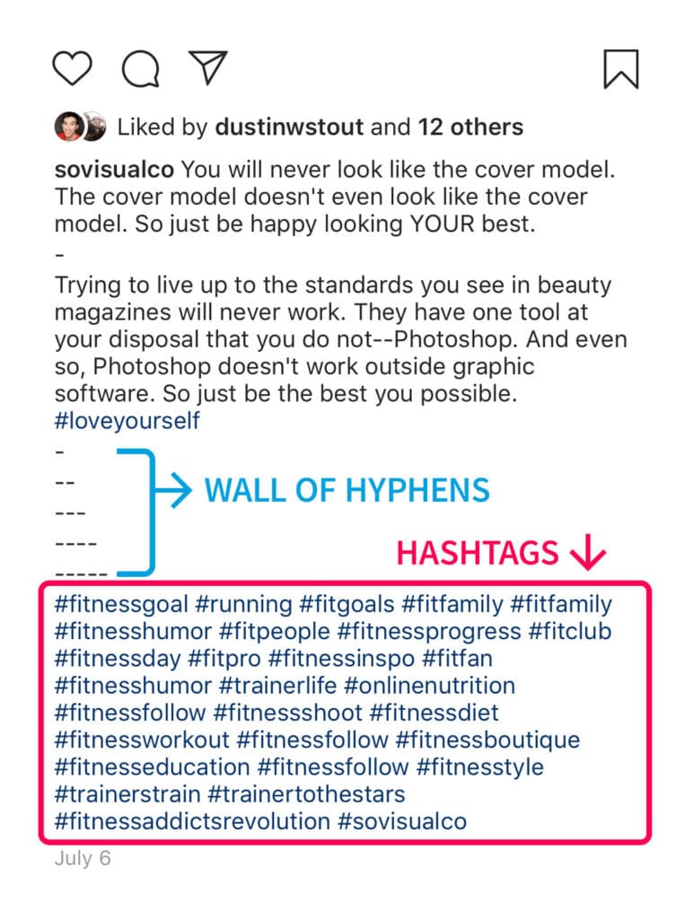 screenshot of instagram hashtags placement